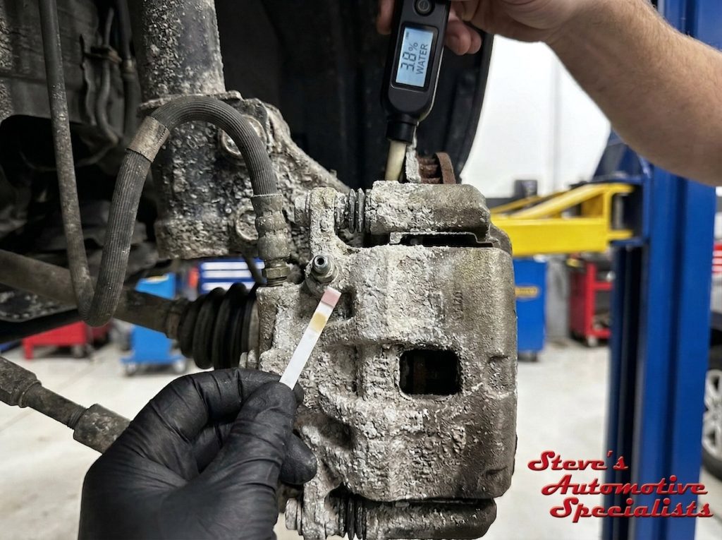 Technicians testing brake fluid for salt contamination on a crusty brake caliper in a Sandy, Utah shop.