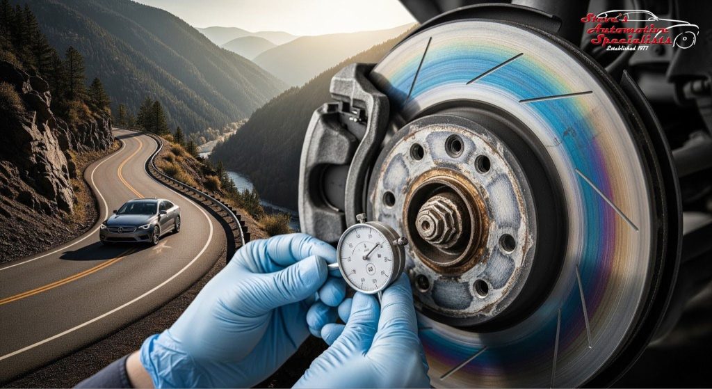 Close-up of an overheated, blue-tinted brake rotor showing thermal damage.