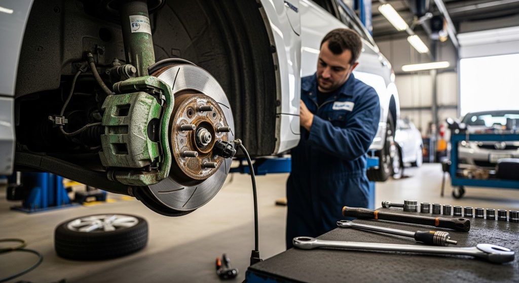A landscape photo of a mechanic, inspecting a heavily corroded brake rotor and caliper on a hybrid or EV vehicle, with a snowy/slushy Utah backdrop visible