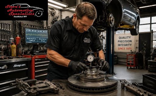 Technician performing advanced brake noise diagnostics on a modern vehicle brake system