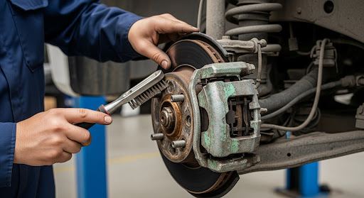 Mechanic diagnosing severe corrosion and green crust oxidation on a brake caliper assembly, illustrating the damage caused by Utah road salt.