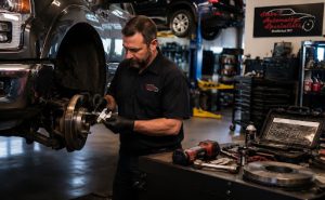 Technician measuring brake components on a vehicle driven near Hill Air Force Base traffic