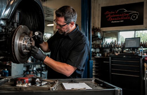 Technician diagnosing brake pedal pulsation using digital tools on a modern vehicle