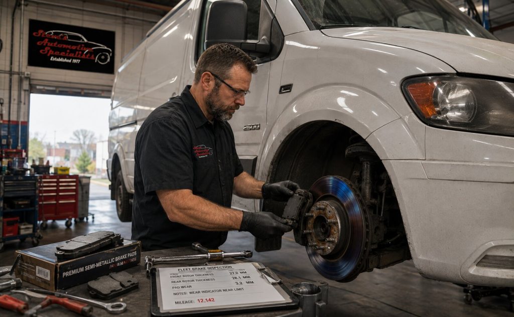 Technician performing brake inspection on a fleet vehicle serving businesses in Clearfield