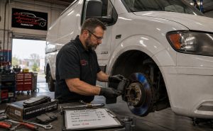 Technician performing brake inspection on a fleet vehicle serving businesses in Clearfield