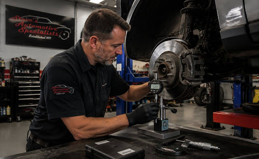 Technician using a micrometer to measure brake components during professional brake diagnostics