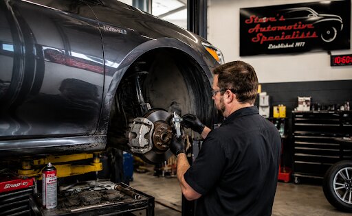 Technician measuring brake components on a vehicle used for rideshare driving near South Towne Center