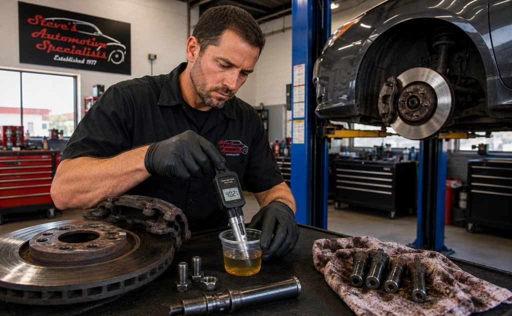 Technician inspecting brakes on a vehicle used by Santa Clara daily commuters on I-15