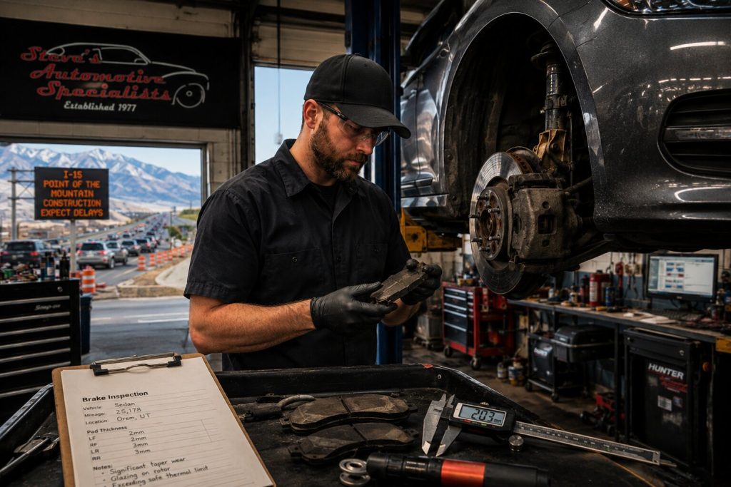 Technician inspecting worn brake pads and rotors to highlight the cost of ignoring brake maintenance in Utah