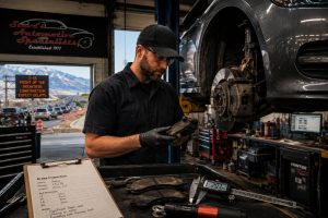 Technician inspecting worn brake pads and rotors to highlight the cost of ignoring brake maintenance in Utah