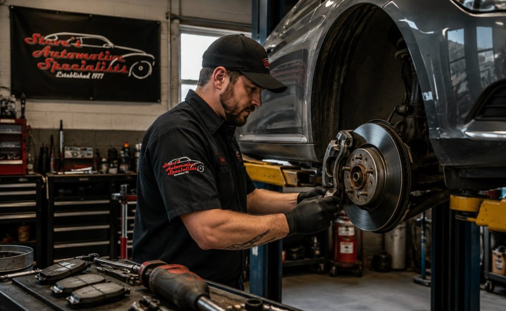 Technician inspecting brakes on a vehicle driven by Utah Valley University students in Orem