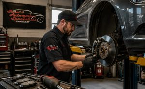 Technician inspecting brakes on a vehicle driven by Utah Valley University students in Orem