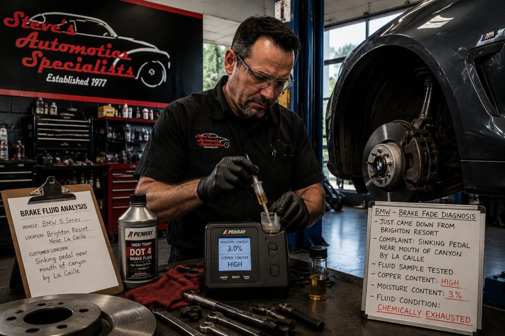 Technician performing brake fluid analysis and brake fade diagnosis for a BMW after canyon driving