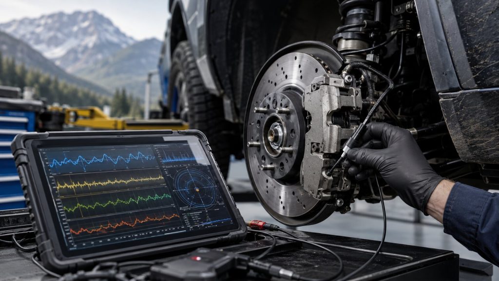  Technician using AI-assisted brake diagnostics on ABS sensor wiring for Utah mountain driving