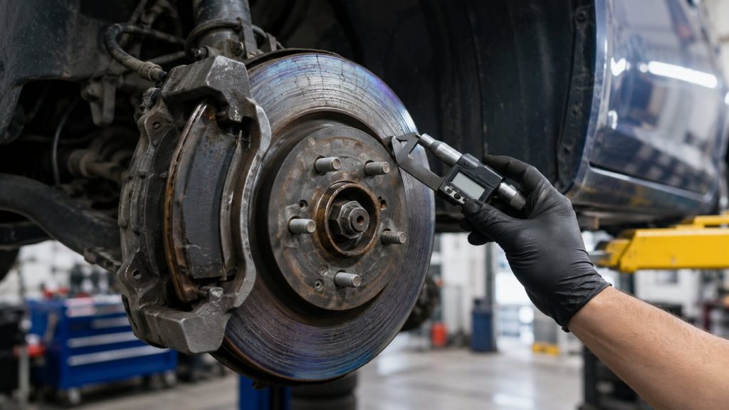 Mechanic measuring heat-stressed brake rotor during brake pad lifecycle inspection in Orem Utah