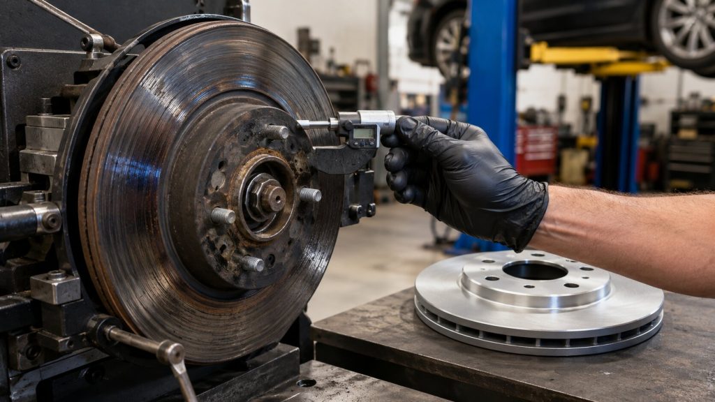 Mechanic measuring worn brake rotor thickness for machining versus replacement along the Wasatch Front