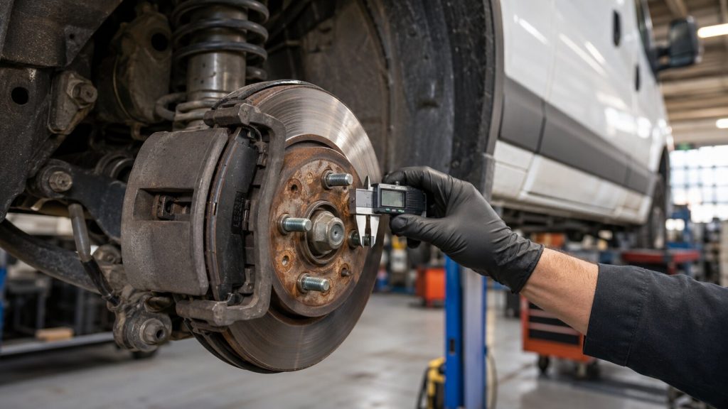 Mechanic measuring commercial van brake rotor during Utah fleet brake maintenance inspection