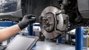 Mechanic documenting brake rotor measurements during Utah resale value brake service inspection