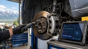 Mechanic using predictive brake maintenance diagnostics on a Utah vehicle brake assembly