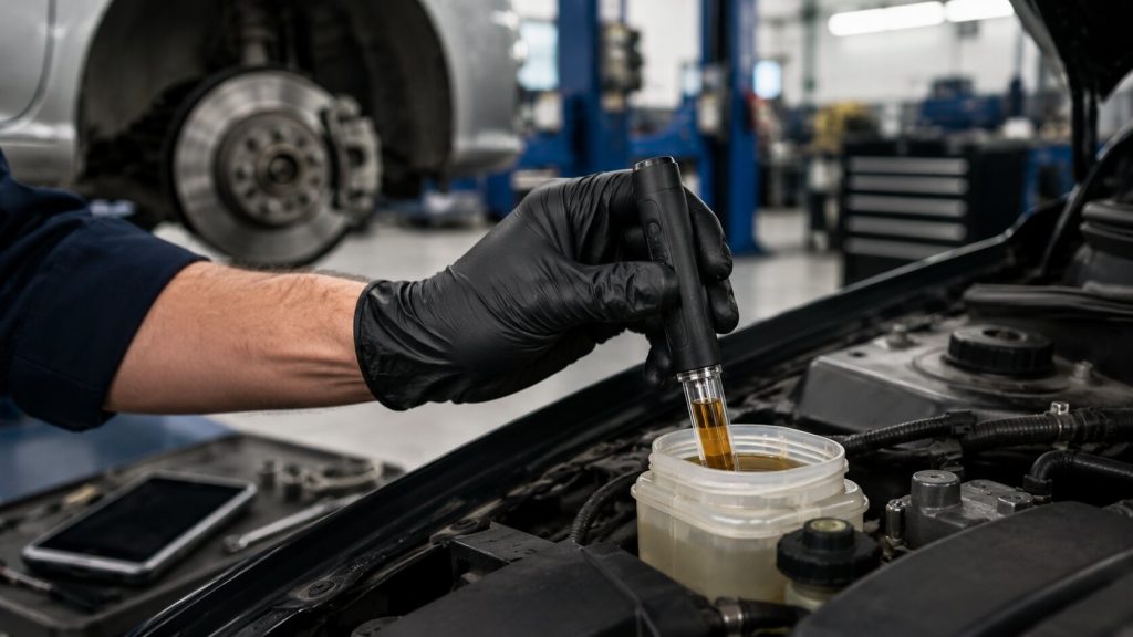  Mechanic testing brake fluid moisture during Utah brake fluid service to reduce ABS repair risk
