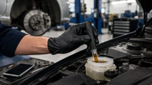 Mechanic testing brake fluid moisture during Utah brake fluid service to reduce ABS repair risk