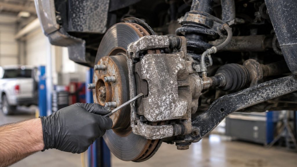 Mechanic inspecting road salt corrosion on a brake caliper during May brake service in Utah