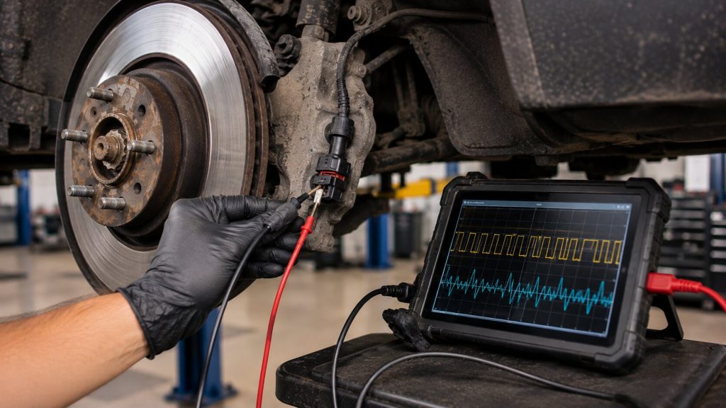  Technician using an oscilloscope to diagnose an ABS wheel speed sensor and wiring harness during a professional brake system inspection.