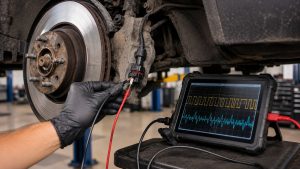 Technician using an oscilloscope to diagnose an ABS wheel speed sensor and wiring harness during a professional brake system inspection.