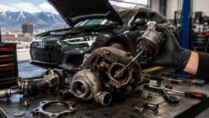 Audi 2.0T turbocharger and wastegate actuator undergoing diagnostic inspection for boost loss in Salt Lake City.