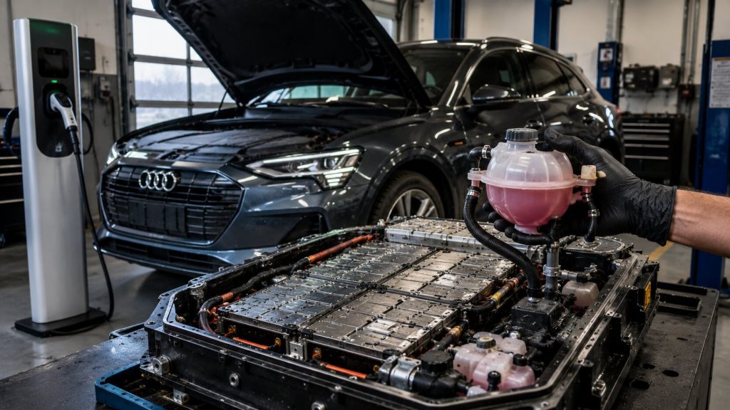Audi E-Tron high-voltage battery and cooling system being inspected during thermal management diagnostics in Salt Lake City.
