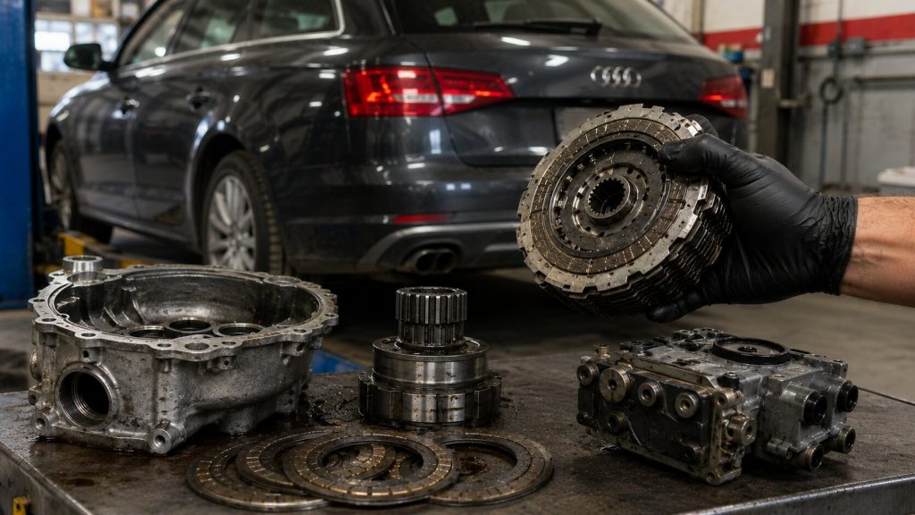 Audi Quattro Ultra clutch pack components undergoing drivetrain diagnostics after heavy mountain driving in Utah.