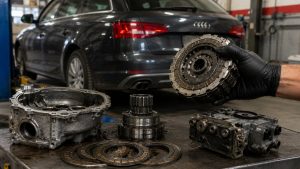Audi Quattro Ultra clutch pack components undergoing drivetrain diagnostics after heavy mountain driving in Utah.