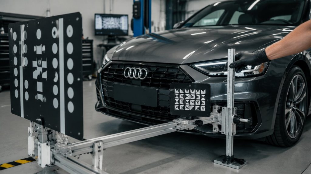 Audi Pre Sense ADAS radar calibration using professional alignment equipment to restore safety system accuracy in Hyde Park Utah