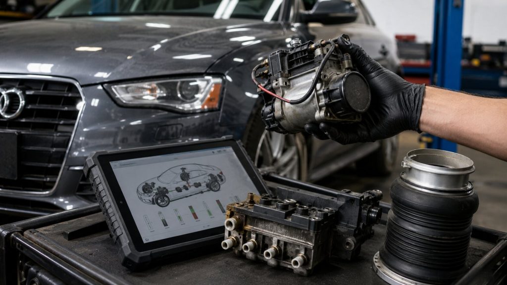 Audi air suspension compressor and adaptive suspension components being inspected during diagnostic testing in Orem, Utah.