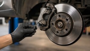 Technician inspecting an electronic brake wear sensor and brake rotor as part of a modern brake telematics diagnostic system.