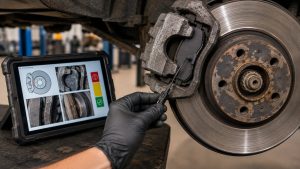 Technician diagnosing an electronic brake wear sensor using a multimeter during a professional brake inspection.