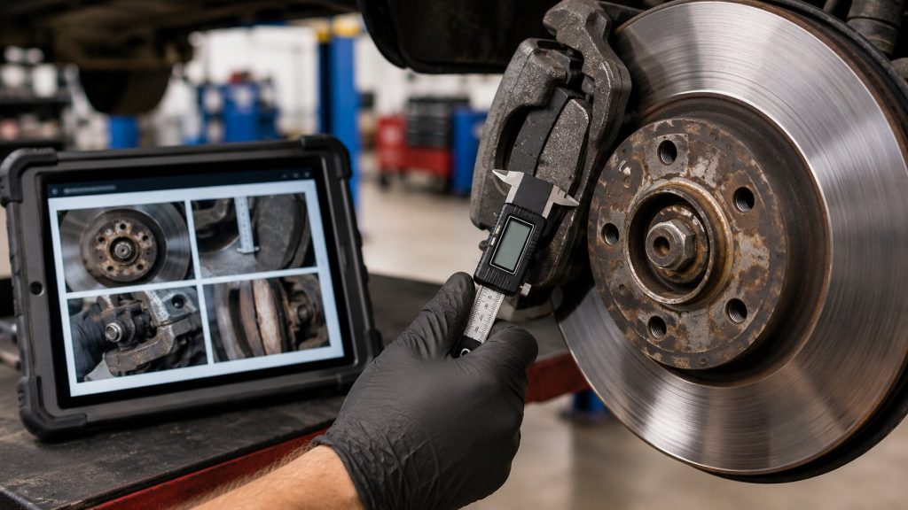 Technician measuring brake pad thickness with a digital caliper during a professional digital brake inspection.