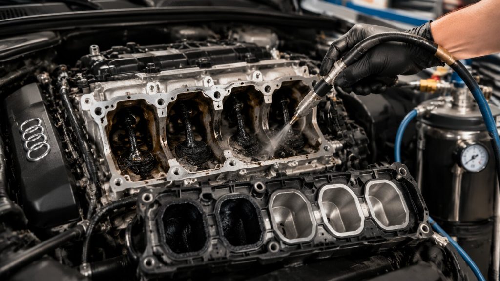 Audi TFSI engine intake valve carbon buildup inspection and walnut blasting carbon cleaning service in Utah