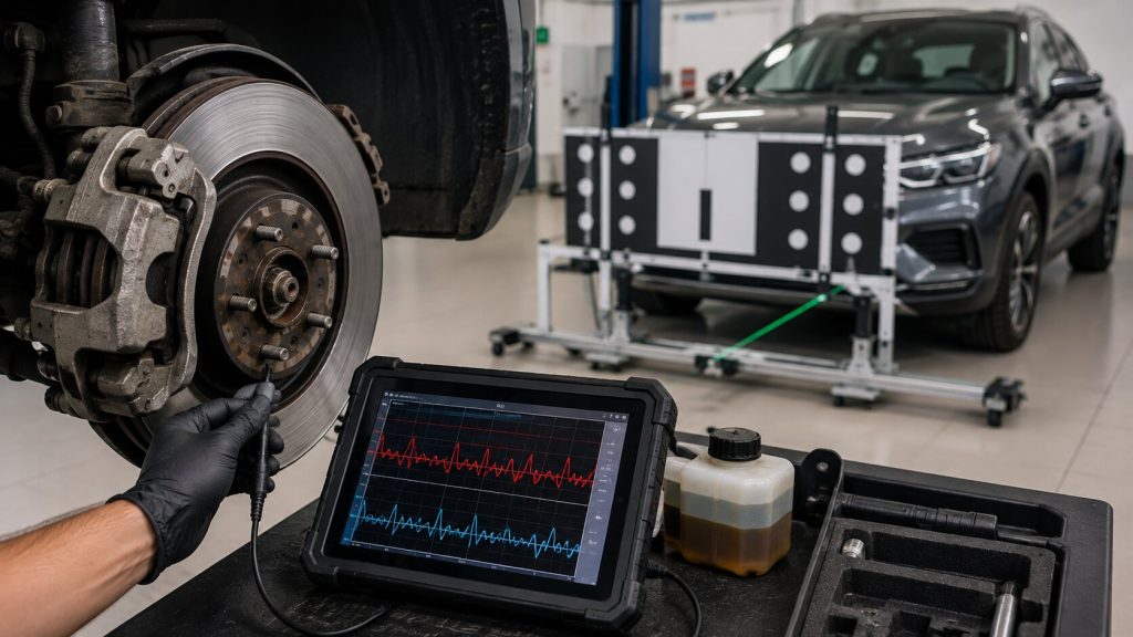Technician performing brake diagnostics while an ADAS calibration target is positioned in front of a modern vehicle in a professional service bay.