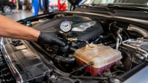 Mechanic performing an Audi Q7 cooling system pressure test to diagnose coolant leaks and overheating in Sandy, Utah.
