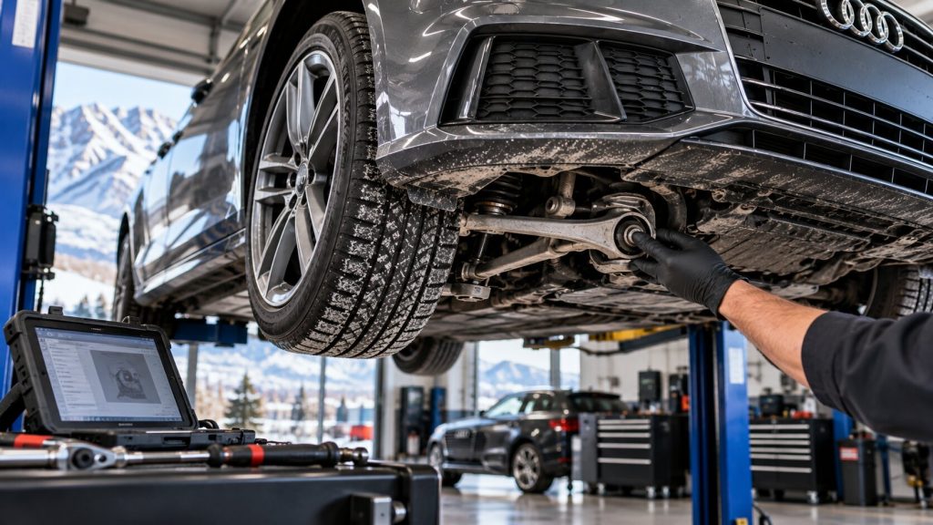 Audi independent repair in Salt Lake City inspecting suspension bushings for Utah winter road salt damage