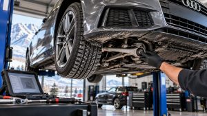 Audi independent repair in Salt Lake City inspecting suspension bushings for Utah winter road salt damage
