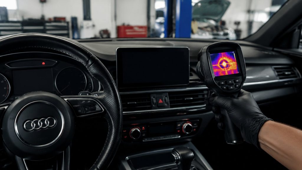 Audi Virtual Cockpit thermal diagnostic showing MMI overheating issues during heat-related black screen failures in Sandy Utah