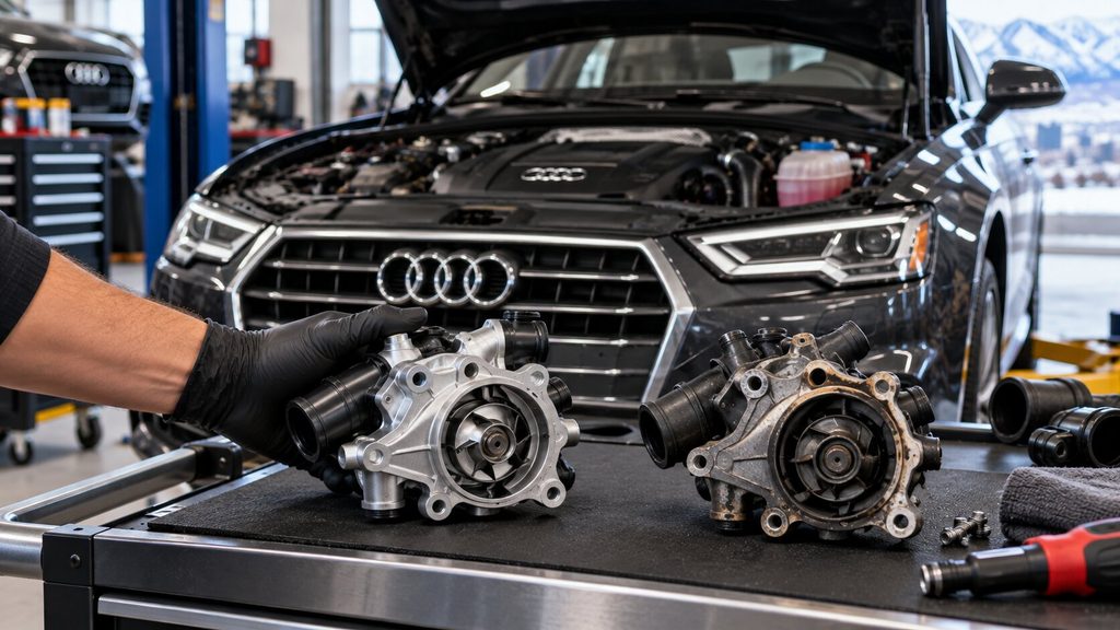 Audi OEM and aftermarket water pumps compared during Audi repair service in Utah