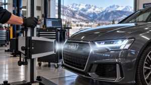 Audi telematics and MMI control module undergoing electronic diagnostic testing in Salt Lake City