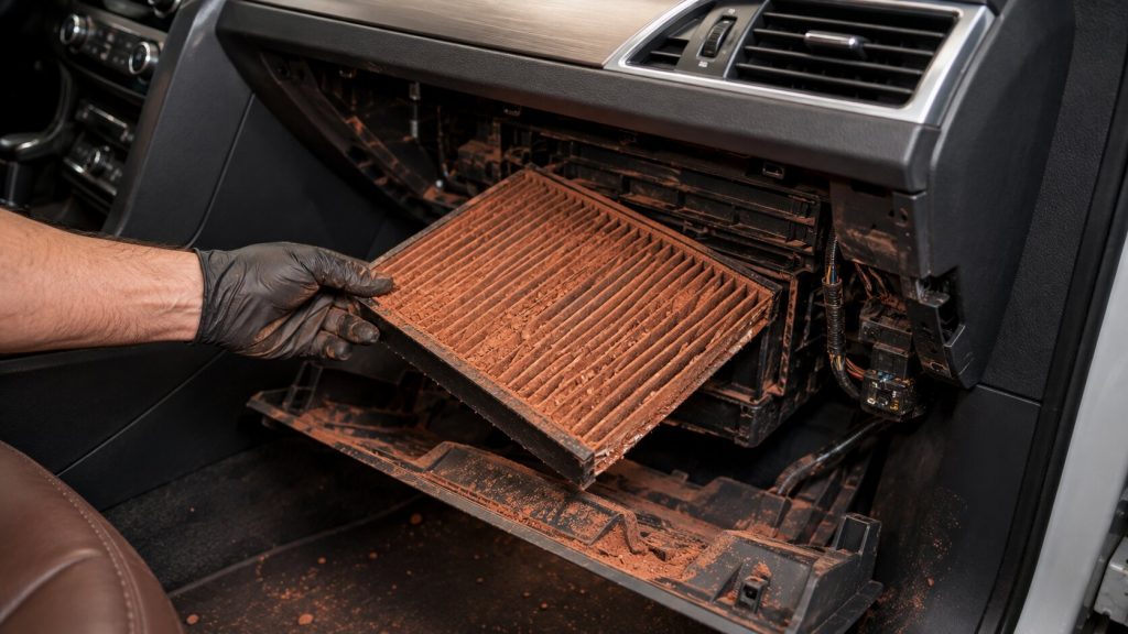 Audi cabin air filter clogged with Santa Clara red desert dust during HVAC service