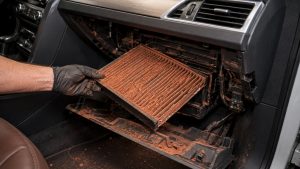 Audi cabin air filter clogged with Santa Clara red desert dust during HVAC service