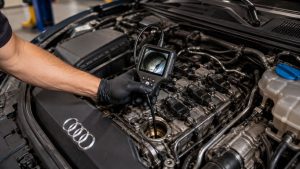 Mechanic using a borescope to inspect an Audi engine for piston ring carbon buildup and cylinder wear in Salt Lake City.