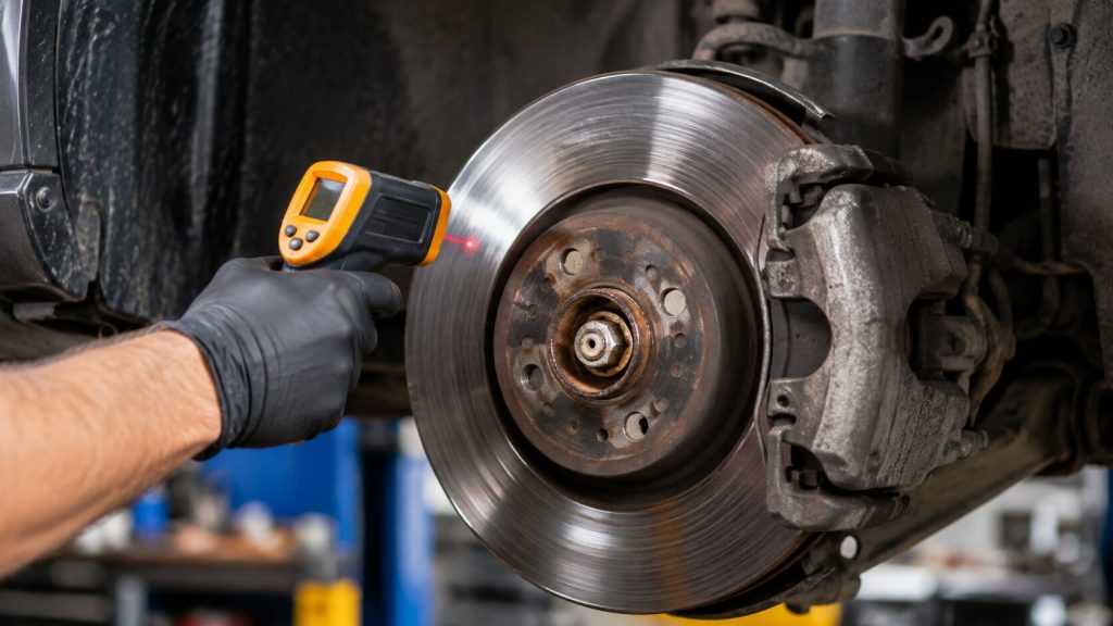 Mechanic using an infrared thermometer to inspect a glazed Audi brake rotor for heat damage in Sandy, Utah.