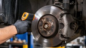 Mechanic using an infrared thermometer to inspect a glazed Audi brake rotor for heat damage in Sandy, Utah.